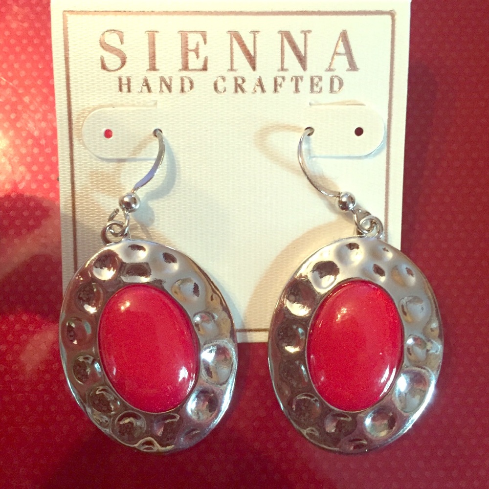 Large red and silver oval dangle earrings